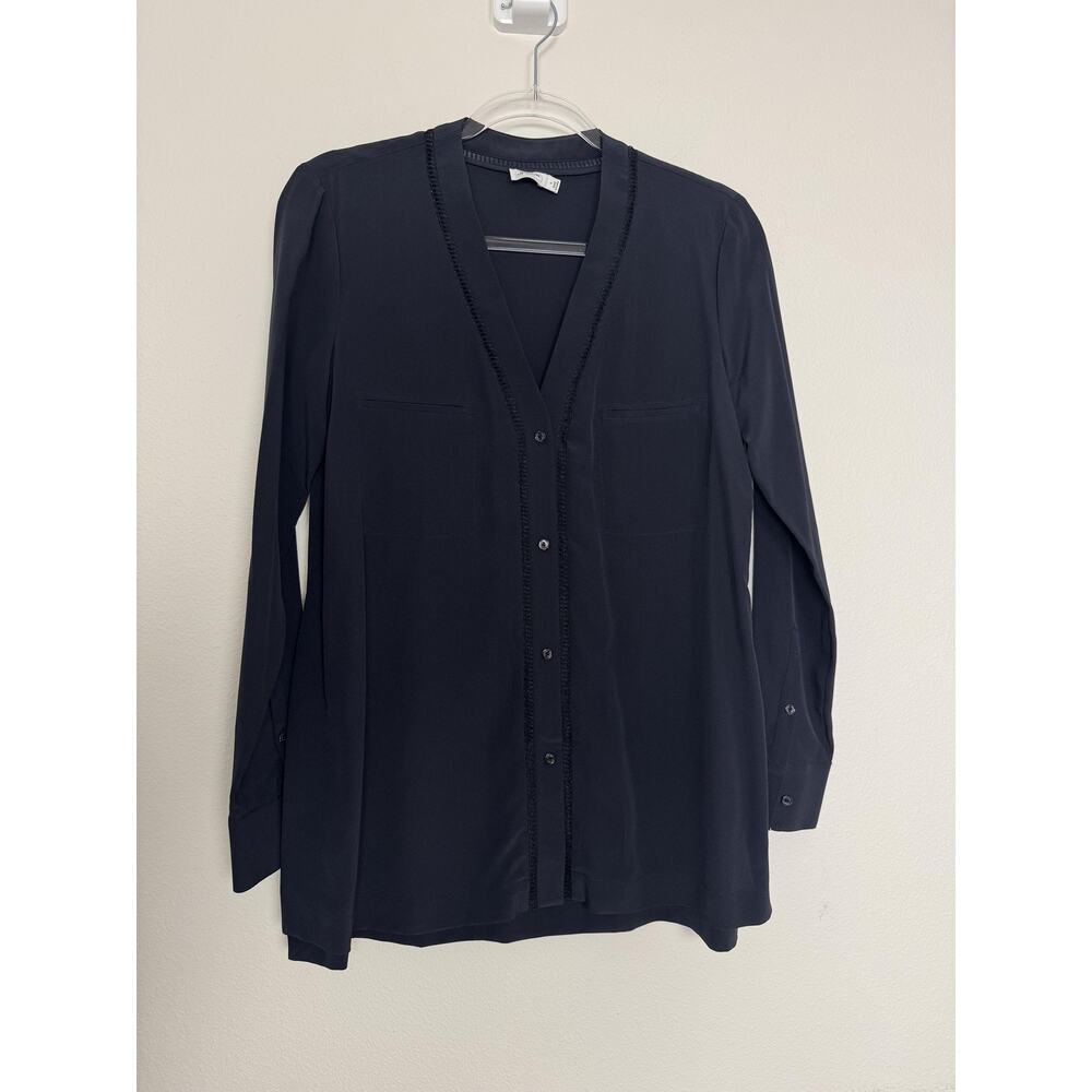Vince Blouse Womens 4 Navy 100% Silk Long Sleeve Button Front Tunic Top